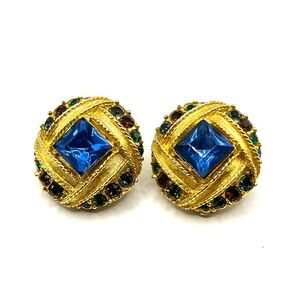 Vintage Sphinx Blue Jewel Tones Clip on Earrings Vintage